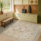 Washable Area Rugs 5x7 for Living Room - Boho Cottagecore Earthy Rugs for Bedroom, Dining Room, Office with Vintage Beige Taupe Botanical & Bird Pattern, Non Slip Stain Resistant Low Pile