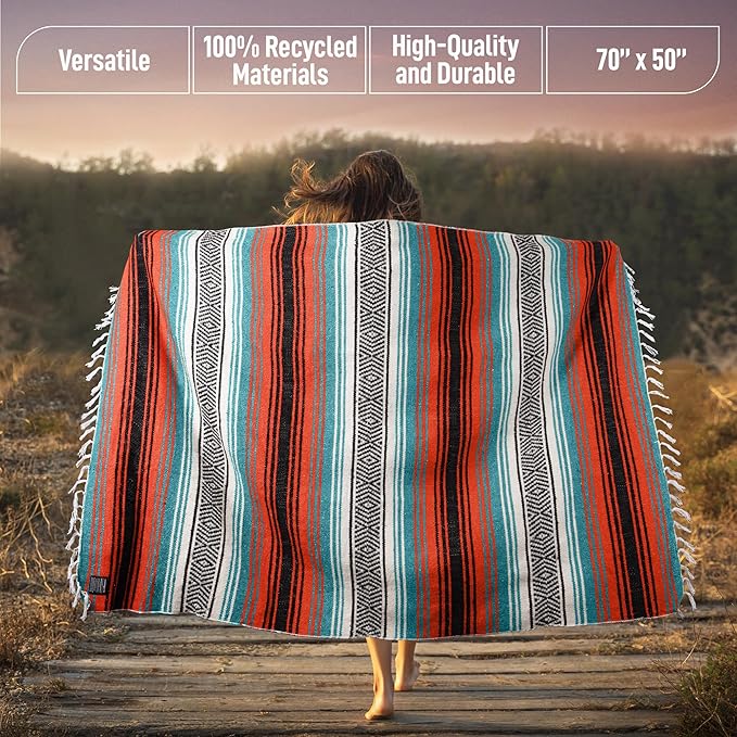 Hydration Nation Authentic Large Handwoven Mexican Blanket - Soft Yoga - Durable Serape - Lightweight Falsa, Beach, Camping, Picnic, Outdoor 70"x50" - Mandarin