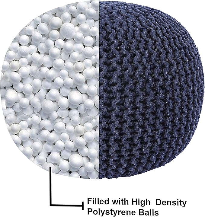 REDEARTH · Round Pouf Foot Stool Bean Bag Ottoman - Cable Knitted Cord Boho Pouffe - Poof Accent Bean Bag - Handmade by Artisans for Living Room - Bedroom (19.5"x19.5"x14") - Navy Blue