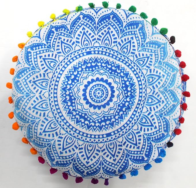 INDIAN CRAFT CASTLE ICC Mandala Barmeri Large Floor Pillow Cover Cushion Meditation Seating Ottoman Throw Cover Hippie Decorative Zipped Bohemian Pouf Ottoman Cases Blue Ombre 16" Round