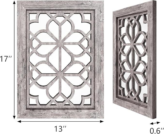 Set of 2 13x17 Inch Rectangular Shatterproof Decorative Wall Mirrors, Boho Farmhouse Rustic Vintage Grey Accent Mirrors for Living Room, Bedroom, Entryway & Home Wall Decor（Brown）