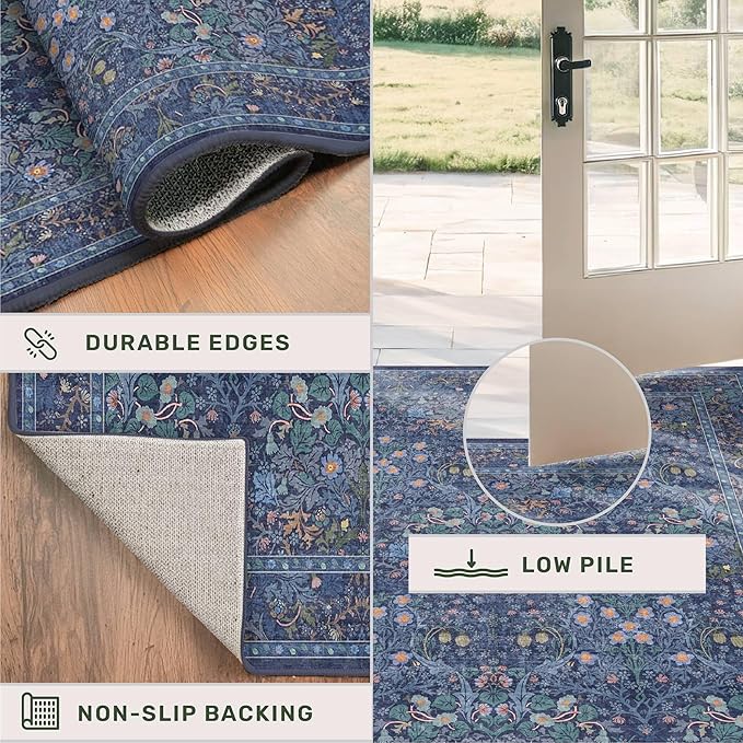 Non Slip 2x7 Dark Blue Entryway Runner Washable - Long Runner Rugs for Kitchen, Hallway, Bathroom, Bedroom Bedside - Dusky Navy Vintage Floral Décor