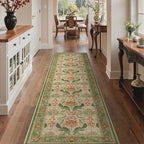 Bavni 2'6''x10 Runner Rug,Microfiber Washable Non-Slip Vintage Floral Rugs,Low Pile Lightweight Carpet for Bedroom,Hallway,Entryway,Kitchen,Bathroom, Sage Green & Burnt Orange