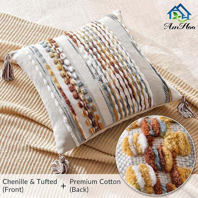 AmHoo Set of 2 Chenille Striped Textured Boho Throw Pillow Covers Aesthetic with Tassels Woven Decorative Pillow Case for Couch Bed Sofa Bedroom Modern Funky 18 x 18-Inch Brown