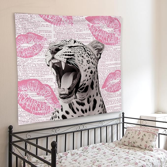 WNAGT Retro Trendy Leopard Tapestry Wall Hanging, Cheetah Leopard Room Decor, Vintage Funky Cheetah Print Lips Wall Blanket Decor for Girls Bedroom Dorm Apartment Home, 50x60 Inch(Pink)