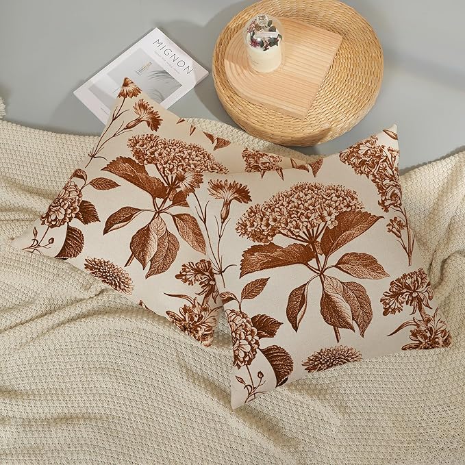 Orange Pillow Covers 16x16 Set of 2 Vintage Boho Floral Hydrangea Herbs Botanical Fall Throw Pillows Fall Outdoor Decoration Pillowcase Linen Farmhouse Cushion Case Decorative for Couch Sofa