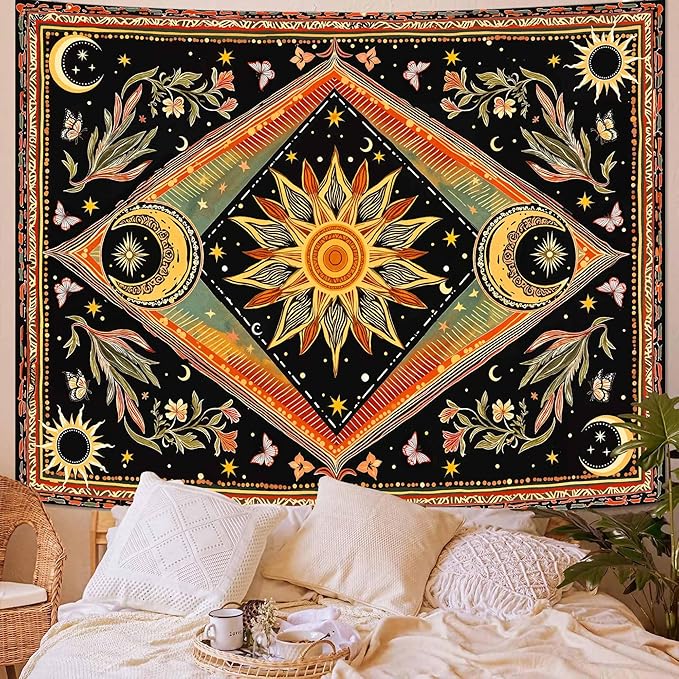 Accnicc Hippie Sun and Moon Tapestry Boho Mandala Floral Wall Tapestry for Bedroom Aesthetic Vintage Plant Celestial Colorful Small Tapestries Wall Hanging for Dorm Living Room Decor 60 x 44 Inch