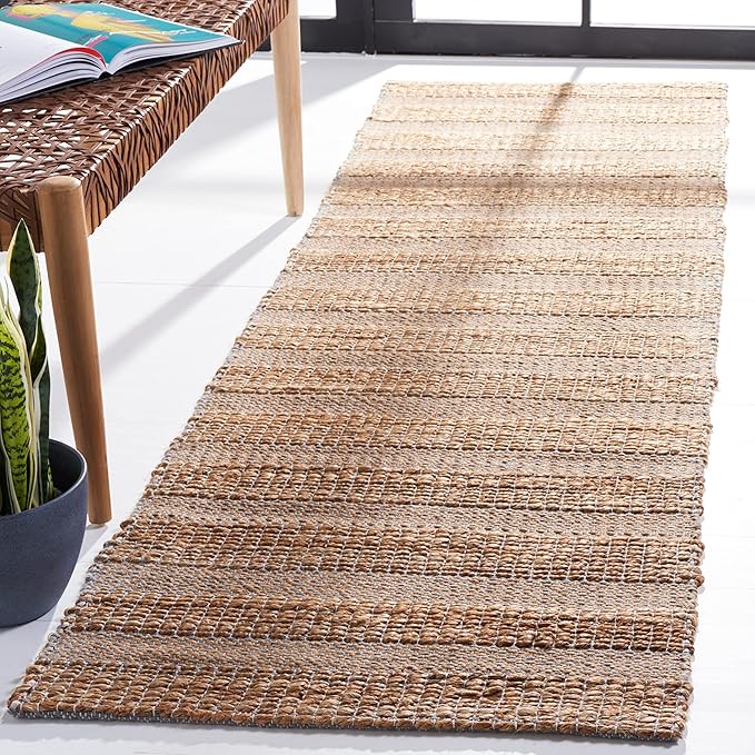 SAFAVIEH Natural Fiber Collection Runner Rug - 2'3" x 8', Grey & Natural, Handmade Boho Farmhouse Rustic Jute & Cotton Jute, Ideal for High Traffic Areas in Living Room, Bedroom (NFB654F)