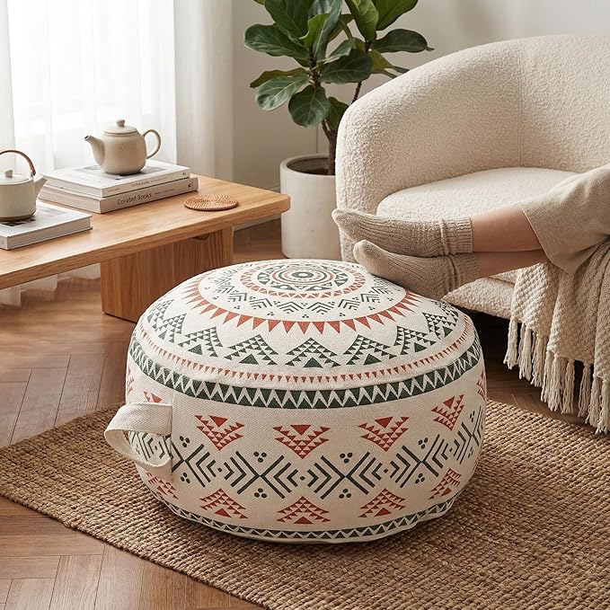 MOCOFO Unstuffed Round Pouf Cover - Boho Geometric Ottoman Footstool Cover with Handle, Tribal Fabric Floor Cushion Storage Bag for Living Room, Bedroom, Nursery (Sage Green/Terracotta)