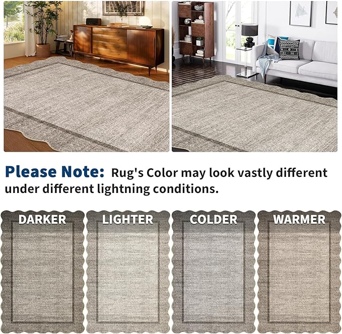 GarveeHome Scalloped Washable Rug 8x10 Rugs for Living Room Modern Bedroom Rug Large Area Rug Non Slip Throw Rugs Soft Low Pile Stain Resistant Carpet for Nursery Classroom Dining Room 8'x10' Brown
