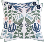 Tosleo Embroidered Pillow Covers 18x18 Pack of 2 Green and Navy Blue Leaves with Birds Embroidered Throw Pillow Covers Floral Tufted Pillowcases Spring Summer Decorative Coastal Pillow Cushion Cases