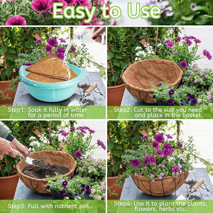 Riare 6 Pack 14 Inch Round Coco Liners Replacement, 100% Natural Coconut Coir Liners for Hanging Baskets, Garden Flower Vegetables Planter Pot, Window Box, Fence, Decks