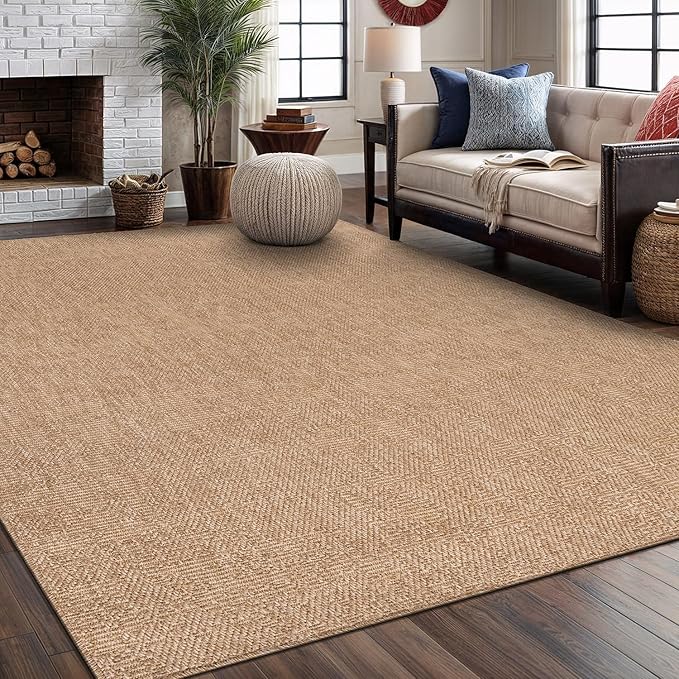 Washable Easy Jute Rug 9x12, Indoor Outdoor Rugs Natural Color Farmhouse Area Rugs for Living Room, Kitchen Rug High Traffic Area, Easy to Clean Solid Boho Woven Design Outside Carpet (9 X 12 Natural)