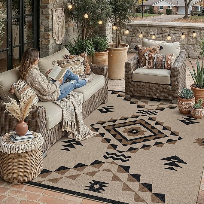 5x7 Easy Jute Outdoor Patio Rug Washable Brown Boho Floral Area Rug for Living Room Lightweight Non Slip No Sheding Carpet Balcony Farmhouse Bedroom Backyard Dining Room Deck