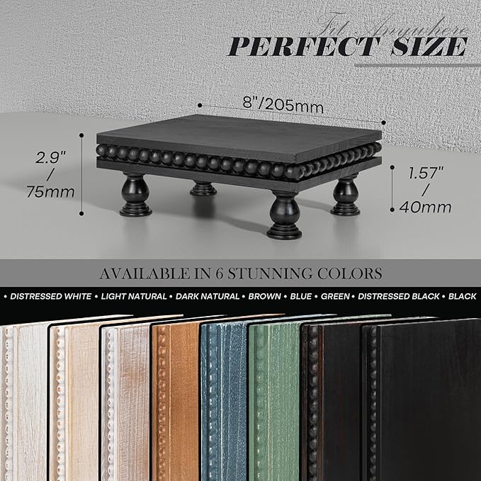 EOSAHR Pine Wood Display Riser for Room Decor – Farmhouse Pedestal Stand with Beaded Edge for Apartment Essentials, Small Plant Stand or Coffee Stand Accents – Perfect Modern Room Decor(Black)
