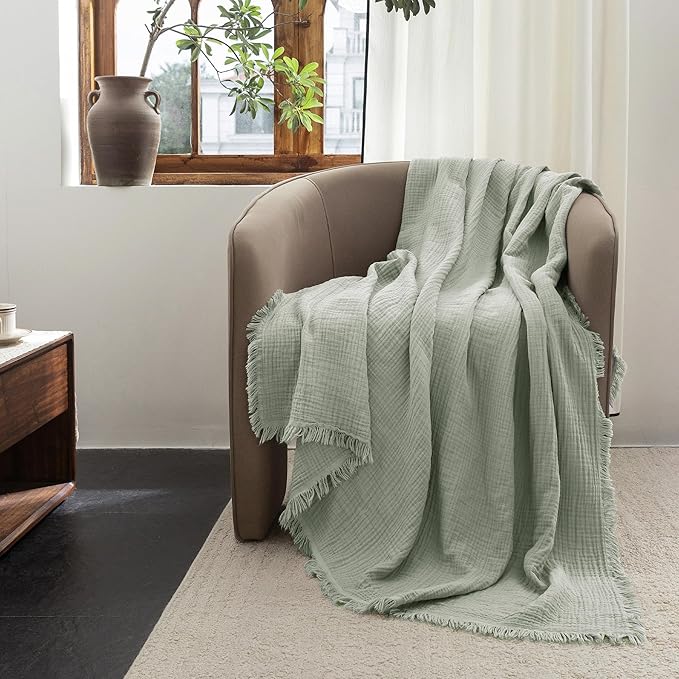 FOSSA Muslin Blanket with Fringe - 4-Layer 100% Cotton Gauze Super Soft & Breathable Throw -Lightweight Decorative Cooling Blanket for Bed, Sofa, Office (Sage Green, Twin XL (66" × 90"))