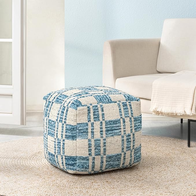 Anji Mountain Pouf Ottoman Foot Rest, Handmade Ottoman Pouf, Comfortable Foot Stool, Decorative Floor Seating for Living Room Decor, Bedroom & Home Décor Accent - Blue