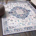 Amearea Vintage Design Area Rugs for Living Room, 6x9 Machine Washable Floral Collection Traditional Bedroom Rug, Low Pile Cute Kids Room Print Carpet, No Slip Office Kitchen Home Decor, Blue