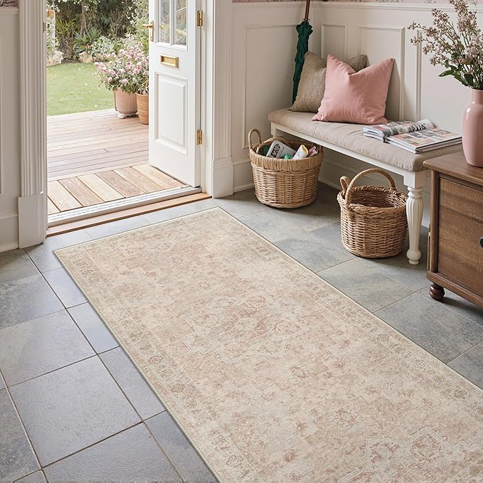 GENIMO Runner Rug 2'6"x10 Machine Washable Non Slip Vintage Hallway Runner Rug, Low Pile Lightweight Rugs for Indoor Entryway, Hallway, Kitchen and Corridor, Light Pink