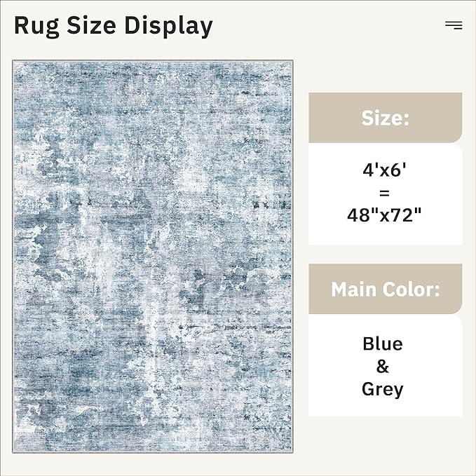 Area Rugs 4x6 for Living Room, Vintage Abstract Washable Rugs for Dining Room, Kitchen, Non-Slip Area Rug Blue
