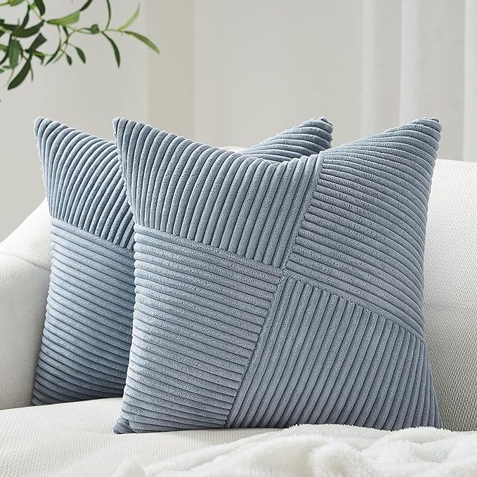 Topfinel 24x24 inches Euro Pillow Covers Set of 2 Dusty Blue Corduroy Decorative Throw Pillow Covers for Bedroom Living Room, Windmill Textured Striped Patchwork Couch Pillow Covers 60x60 cm
