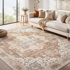 Washable Rug 9x13 Area Rugs: Boho Vintage Distressed Oriental Medallion Neutral Thin Large Rug Carpet for Living Room Bedroom Dining Room Home Office Decor - Brick red