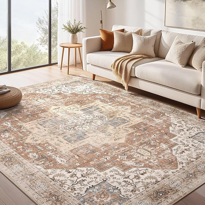 Washable Rug 9x13 Area Rugs: Boho Vintage Distressed Oriental Medallion Neutral Thin Large Rug Carpet for Living Room Bedroom Dining Room Home Office Decor - Brick red