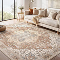 Washable Rug 10x14 Area Rugs: Boho Vintage Distressed Oriental Medallion Neutral Thin Large Rug Carpet for Living Room Bedroom Dining Room Home Office Decor - Brick Red