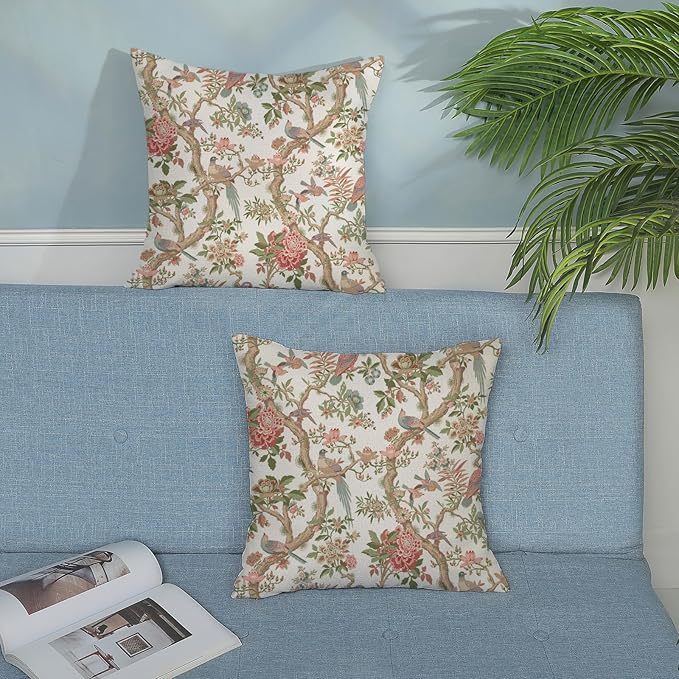 Chinoiserie Pillow Covers 20x20 Set of 2 Pink Green Bird Floral Throw Pillows Vintage Pink Flower Bird Decorative Pillow Cases Outdoor Chinoiserie Decor Farmhouse Cushion Case for Couch Sofa