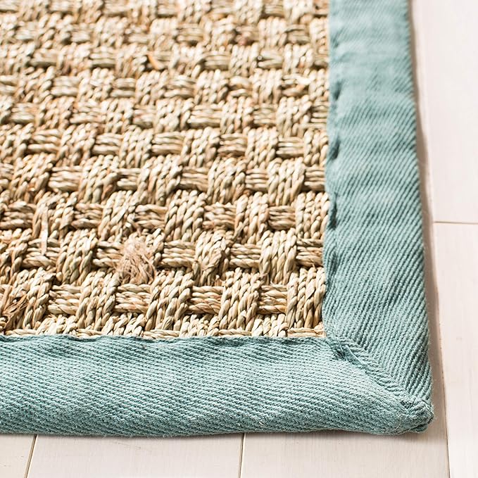 SAFAVIEH Area Rug 6' Square - Natural Fiber Collection - Natural & Light Blue, Seagrass, Basketweave Pattern with Border (NF114M)