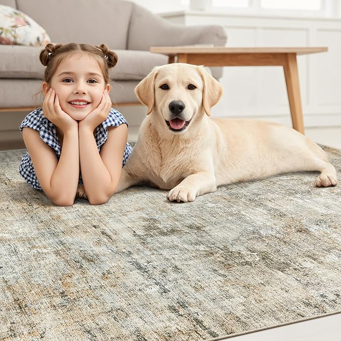 6x9 Abstract Area Rugs for Living Room 6 x 9 Washable Non Slip Low Pile Rugs for Bedroom Dining Room Foldable Thin Brown Grey