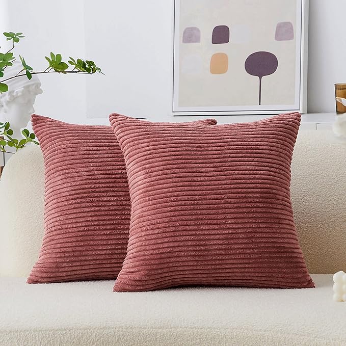 Home Brilliant Set of 2 Throw Pillow Covers Striped Velvet Couch Pillow Cushion Covers Decorative Throw Pillows for Bed, 40 x 40cm, 16 x 16 Inch, Dry Rose Pink