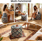 Pouf Ottoman Footrest Boho Embroidered Stuffed Round Pouf, 20" Tribal Geometric Accent Decor, Removable Cover & Firm Foam, Multifunctional, for Living Room Bedroom Vanity, Teal & Rust
