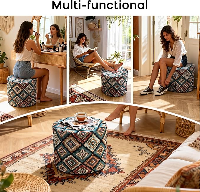 Pouf Ottoman Footrest Boho Embroidered Stuffed Round Pouf, 20" Tribal Geometric Accent Decor, Removable Cover & Firm Foam, Multifunctional, for Living Room Bedroom Vanity, Teal & Rust