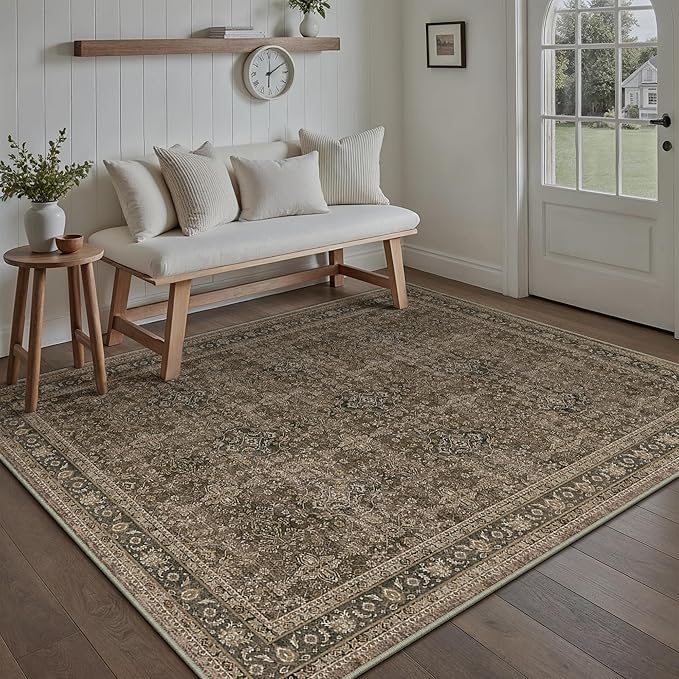 6x9 Area Rug for Living Room Brown Vintage Washable Bedroom Carpet Traditional Distressed Soft Non Slip Indoor Large Accent Rug Retro Thin Low Pile Floor Cover for Dining Room Playroom