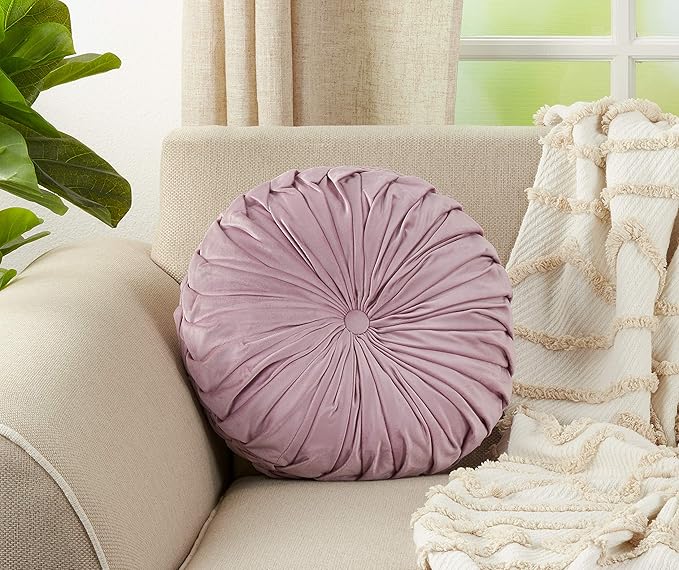 SARO LIFESTYLE Round Velvet Pintucked Poly Filled Throw Pillow