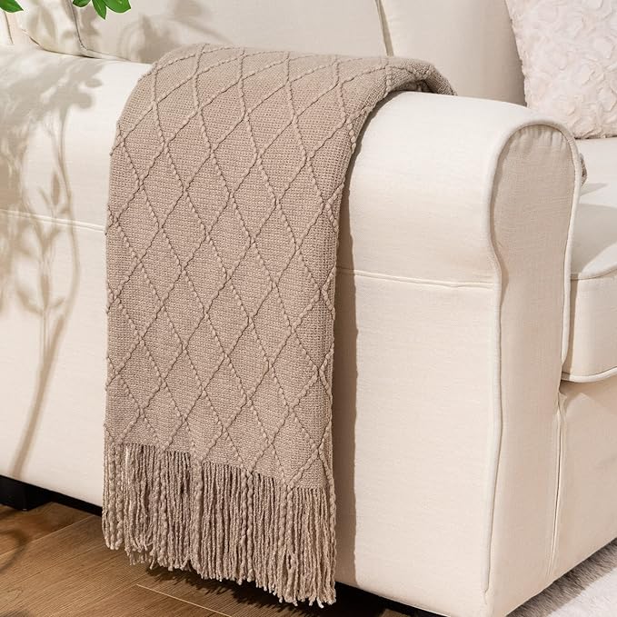 BATTILO HOME Khaki Throw Blanket, Beige Throw Blanket for Couch, End of Bed Throws Spring Decorative Large Throw Tan (Beige, 52"x80")