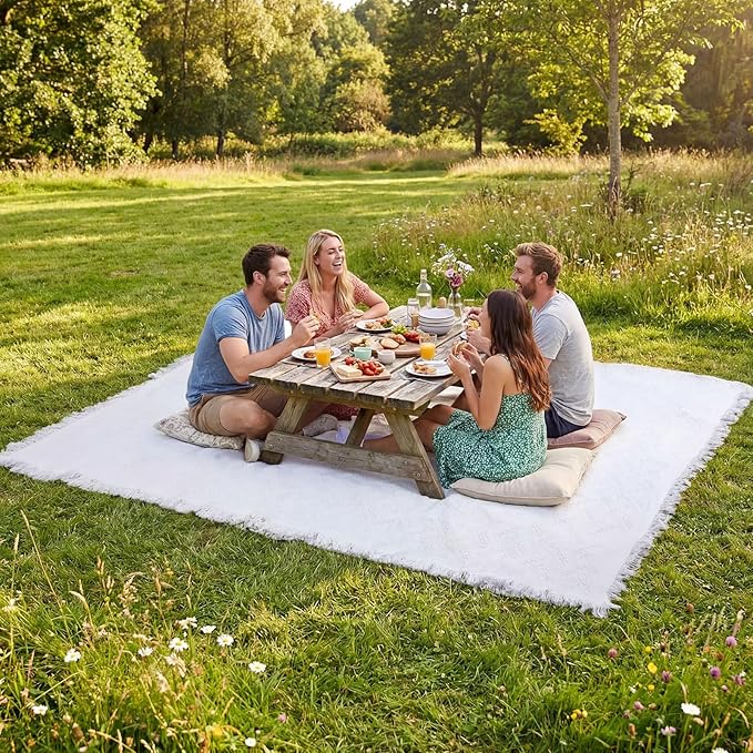 Frienda 70 x 120 Inch Extra Large White Outdoor Picnic Blanket Woven Cotton Yarn Blanket with Fringe and Leather Storage Strap Boho Decor for 8 to 12 Camping Lawn Wedding Photoshoot Beach Park Grass