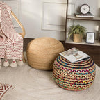 REDEARTH · Round Pouf Ottoman - Braided Boho Poof Home Décor Pouffe Accent Sitting Circular Foot Rest for Living Room, Bedroom, Nursery, Kidsroom, Lounge; Jute and Cotton (19.5"X19.5"X14"; Multi)