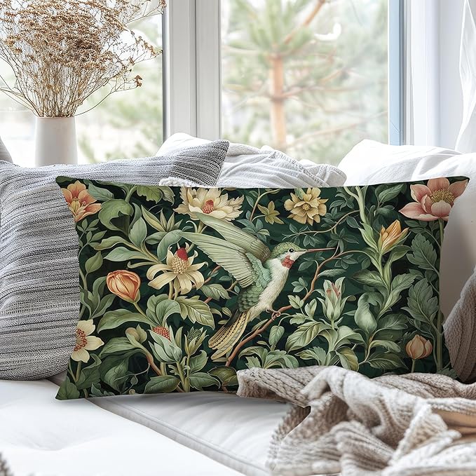 Vintage William Morris Hummingbird Pillow Cover 20x12,Rustic Green Hummingbird Bird Animal Floral Botanical Print Decorative Throw Pillow Covers for Home Bedroom Living Room