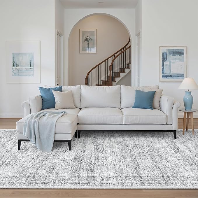 4x12 Wide Hallway Runners: Washable 12ft Runner Rug for Entryway Living Room Soft Vintage Non Slip Carpet Runner for Kitchen Dining Room Nursery Bedroom (Grey, 4x12ft)