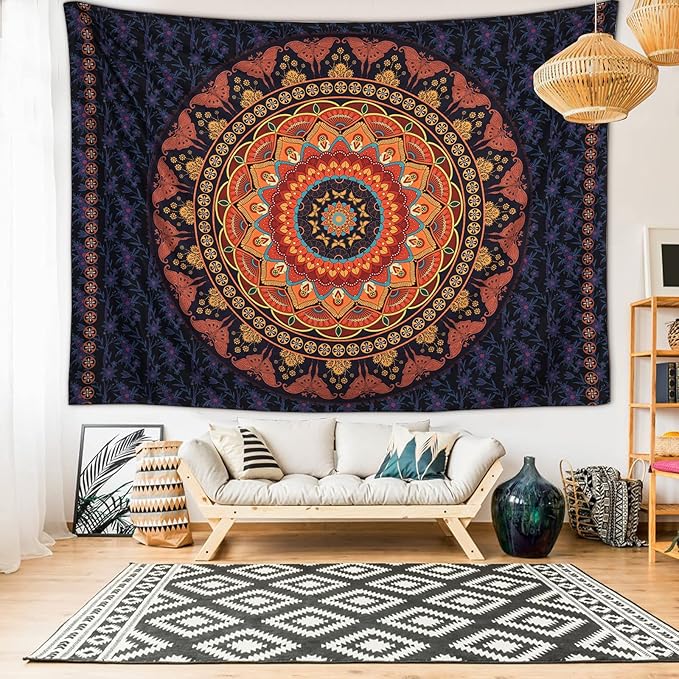 Edeesky Boho Mandala Tapestry Aesthetic Wall Hanging Psychedelic Hippie Butterfly Tapestries Vintage Wall Art Home Decor for Bedroom,Living Room,Dorm（Red