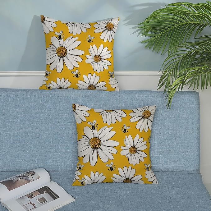 Summer Pillow Covers 18x18 Inch Set of 2 Yellow Daisy Sunflowers Floral Bee Pillow Covers Spring Outdoor Pillow Cases Linen Farmhouse Seasonal Cushion Covers Decor for Living Room Bedroom