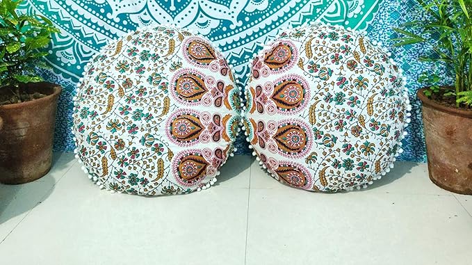 CRAFT KALA Mandala Floor Pillow Cushion Cover Seating Throw Cover Hippie Decorative Bohemian Ottoman Poufs Pom Pillow Cases Boho Indian Cotton Living Room Home Décor 24" Round Set of 2 Mustard Mirchi
