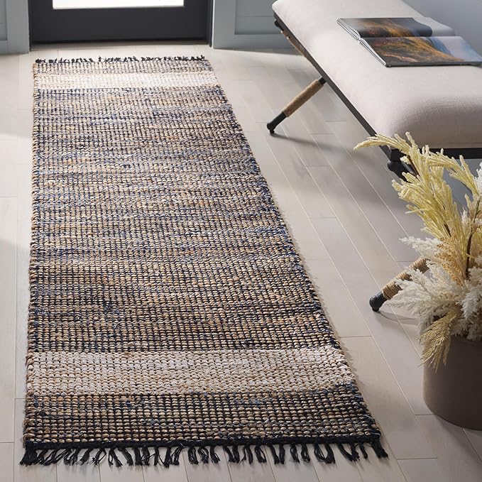 SAFAVIEH Cape Cod Collection Runner Rug - 2'3" x 8', Navy & Beige, Handmade Jute & Denim, Ideal for Living Room, Hallway, Foyer, Bedroom (CAP153N-28)