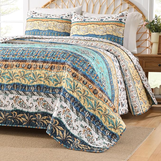 HORIMOTE HOME Boho Style Queen Quilt Set Yellow Bohemian Floral Strip Quilt Beddding Set, Soft and Lightweight Bedspread for All Season, Full Size Bed Coverlet with 2 Matching Pillow Shams (3 Pieces)