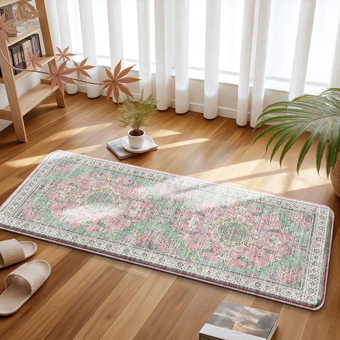 Boho Kitchen Mats for Floor 2 Piece Set Anti Fatigue Cushioned PVC Kitchen Rugs Non Slip Waterproof Farmhouse Mats 2/5 Inch Comfort Standing Mat for Sink, Laundry, 17.3"x59"+17.3"x28", Green Pink