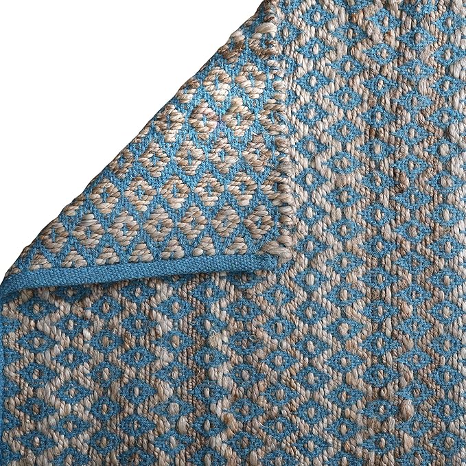 Jute Cotton Diamond Woven Rag Rug 2x3 Feet - Teal Natural, Reversible Small Soft Floor Décor Area Rugs Ideal for Entryway, Kitchen, Laundry Room | Boho Farmhouse Accent Sturdy Door Mat for Bedroom