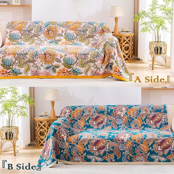 Boho Throw Blanket for Bed, 100% Cotton Soft Rustic Quilt Fall Blanket, 90"x98" Floral Printed Farmhouse Decor Bed Blankets, All Season Rustic Reversible Bohemian Throw Quilt