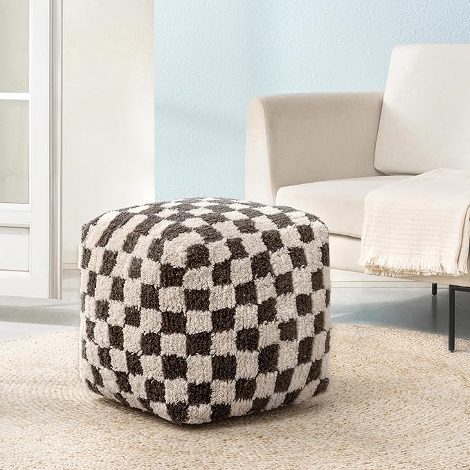 Anji Mountain Pouf Ottoman Foot Rest, Handmade Ottoman Pouf, Comfortable Foot Stool, Decorative Floor Seating for Living Room Decor, Bedroom & Home Décor Accent - Espresso Checker